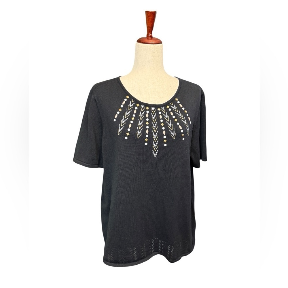 Alfred Dunner Embellished Embroidered Short Sleeve Sweater. Black Tan LG #1508